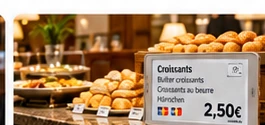 Buffet de hotel con etiquetas informativas para los platos